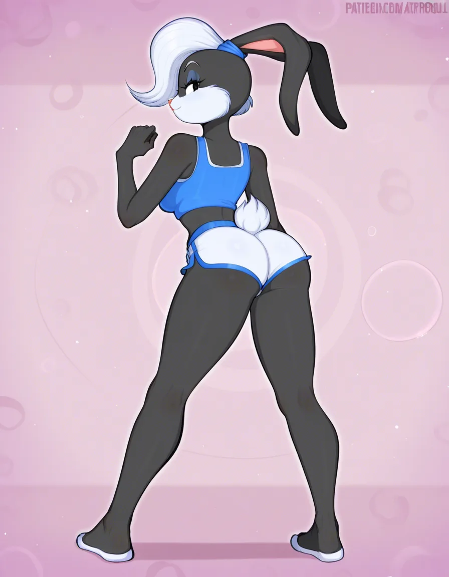 #afrobull_artstyle, @lola_bunny, looney_tunes, space_jam, 1girl, furry, furry_female, solo, rabbit_girl, rabbit_ears, rabbit_tail, crop_top, ass, dolphin_shorts, white_shorts, standing, full_body, looking_back, from_behind, hentai_studio_quality