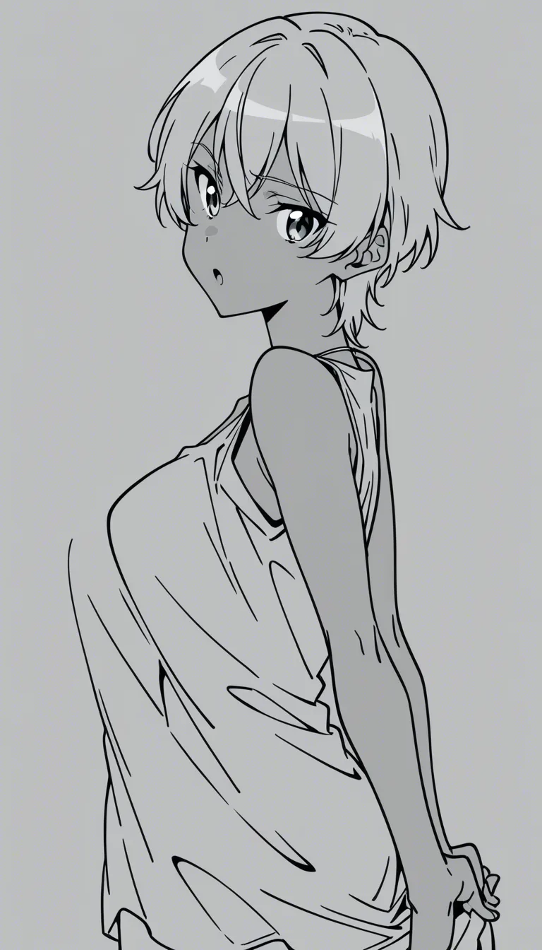absurdres, highres, solo, dark-skinned female, sleeveless, titfuck, playful expression, side view, cool tones, manga aesthetic