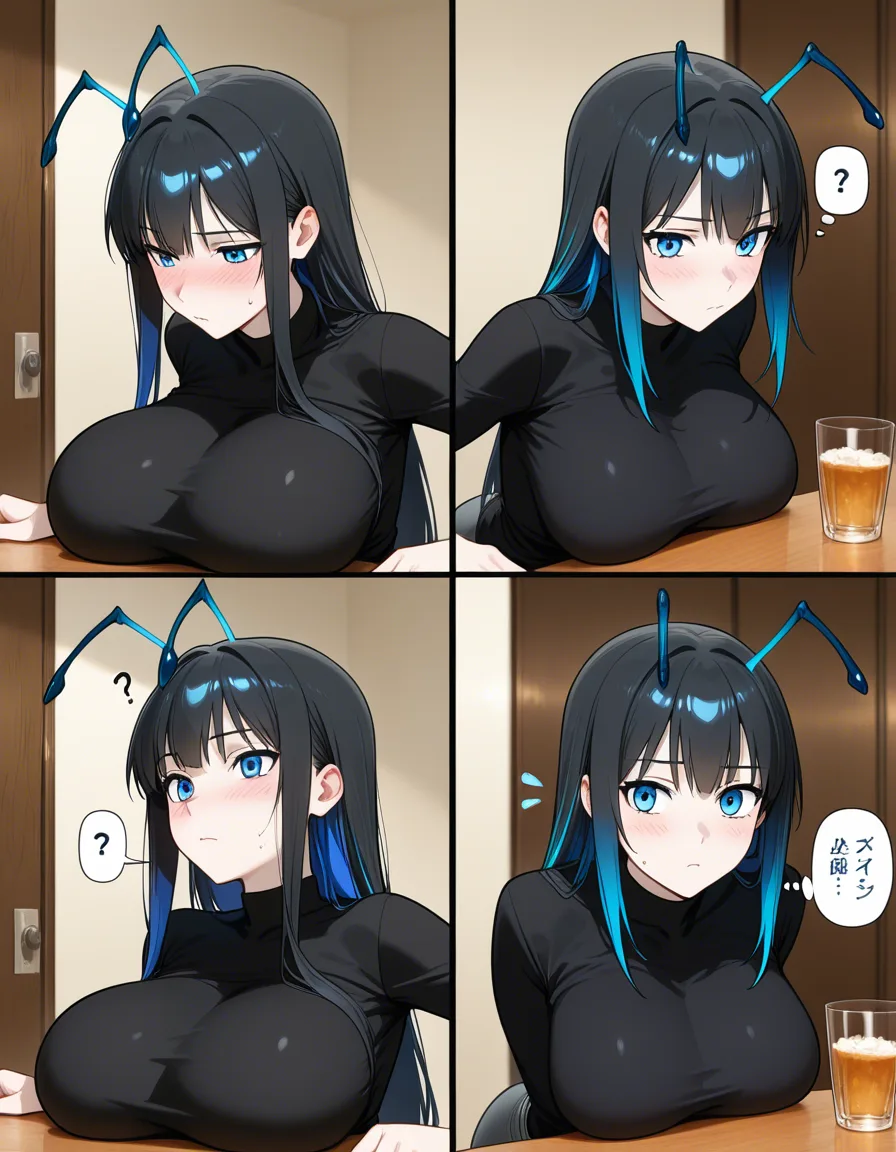 beautiful anime futa girl, long straight black hair with blue highlights, two long thin black antennae curving upward from the top of her head, blue eyes, heavy pink blush on cheeks, pale smooth skin, large soft breasts, thick futa penis, detailed face, highly consistent character design across all panels, comic page, 3:4 ratio, multiple panels, anime hentai style, 
beautiful anime futa girl, long straight black hair with blue highlights, two long thin black antennae curving upward from the top of her head, blue eyes, heavy pink blush on cheeks, pale smooth skin, large soft breasts, thick futa penis, detailed face, highly consistent character design across all panels, 
wearing tight black pants and a loose black top, clear penis bulge outline hanging down the left pant leg, 
Panel 1: she opens the apartment door holding keys, tired but cute expression, speech bubble "Finally home...", 
Panel 2: she walks into the living room, the thick outline of her soft penis clearly visible hanging against her left thigh under the tight pants, 
Panel 3: she notices an empty clear glass cup on the wooden table, thought bubble "Huh? Empty cup...", 
soft purple indoor lighting, detailed clothing folds showing the hanging penis shape, hentai_studio_quality