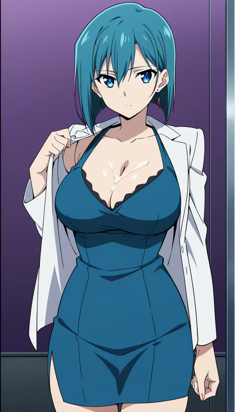 masterpiece, best quality, office lady, cum on breasts, fingernails, dress, highly detailed anime