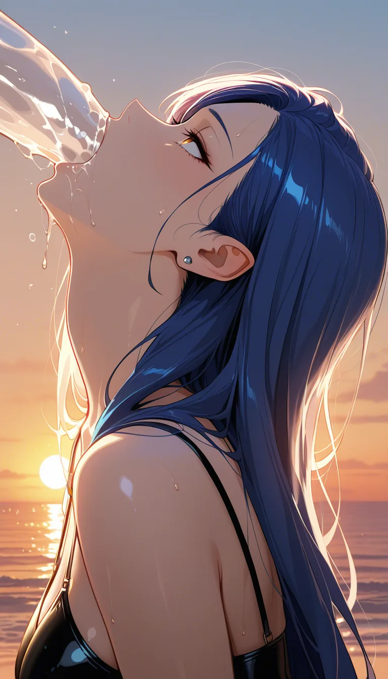 studio quality, sharp focus, succubus, blue hair, alternate costume, hair pull, golden hour, film photography, deep throat, gagging