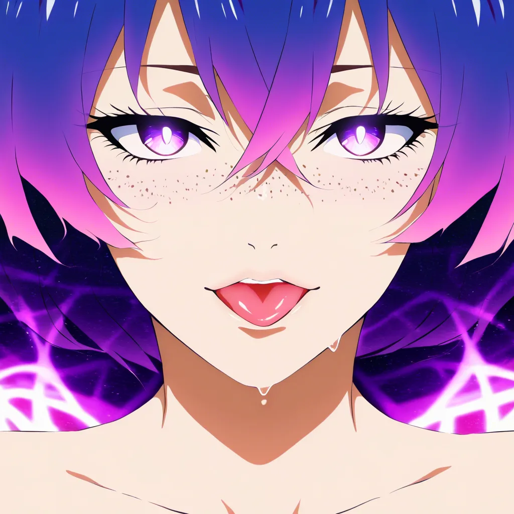 Close-up portrait of a seductive woman with bioluminescent freckles and glowing pupils, face tilted slightly upward as if in a trance. Her lips are glossy and slightly open, tongue barely visible. Behind and around her, infinite psychedelic tunnels of melting geometric patterns in hot pink, turquoise, and electric purple pulse and breathe. Soft haze, crystalline skin highlights, subtle wet-look skin, highly detailed iris reflections of kaleidoscopic light, cinematic depth of field, sensual and hypnotic, ultra-realistic yet surreal., (anime style:1.3), 2d, anime screencap, cel shading, flat color, @00osamio00