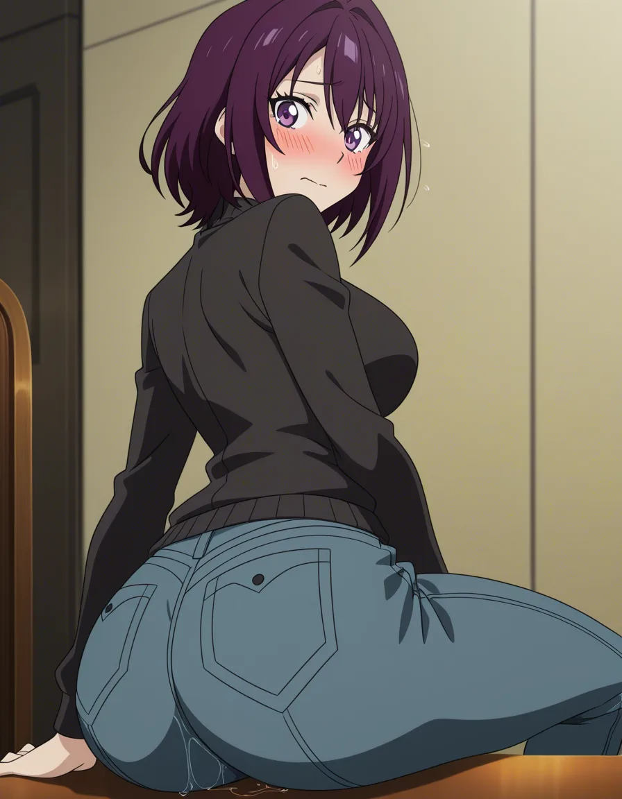 Dark gray skin, flat dark purple hair, purple eyes, sitting peaking butt, butt juice, blush, nervous,, (anime style:1.3), 2d, anime screencap, cel shading, flat color