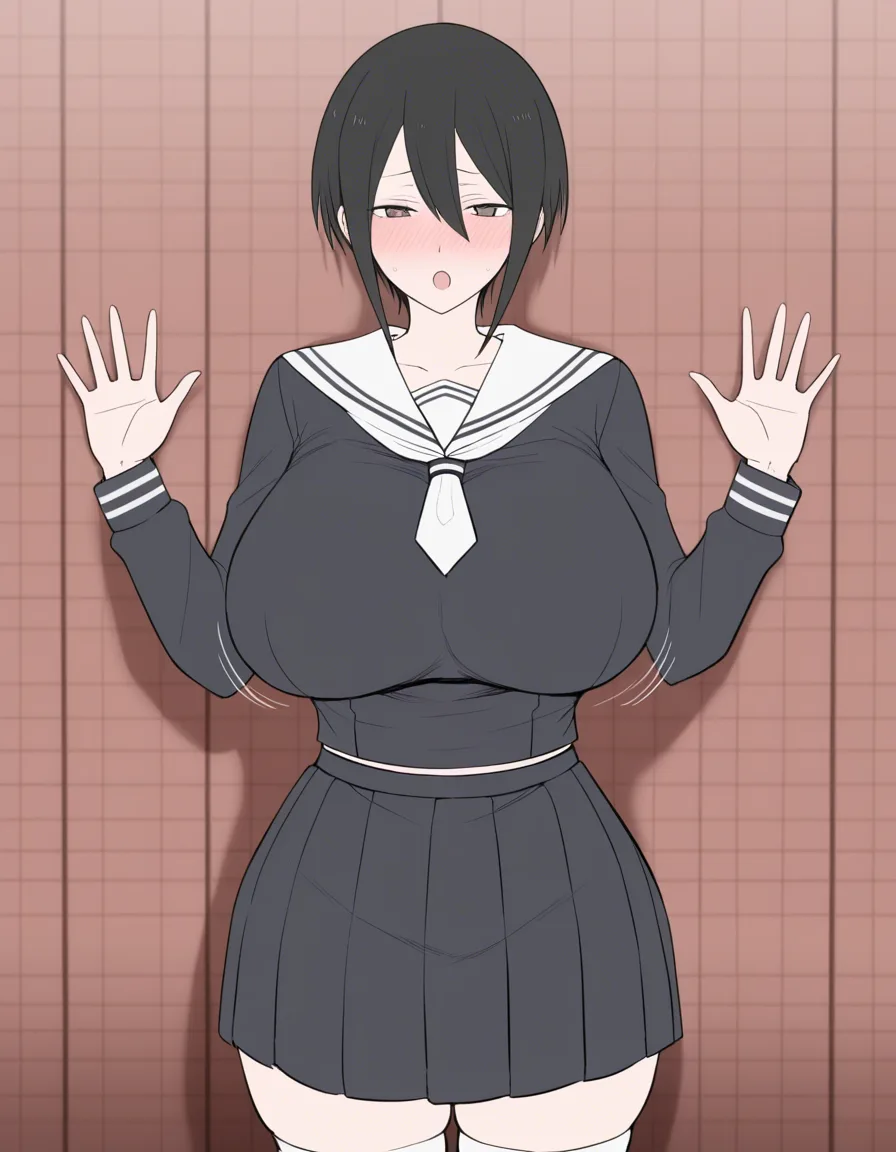 1woman, MILF bent against wall, posing, huge tits:1.6, round tits, black short hair, blushing, moaning, sailor outfit, skirt, motion_lines, breasts_focus, skindentation:1.6, clothed, breasts press,
(Artist: terasu mc),, (anime style:1.3), 2d, anime screencap, cel shading, flat color, @00osamio00