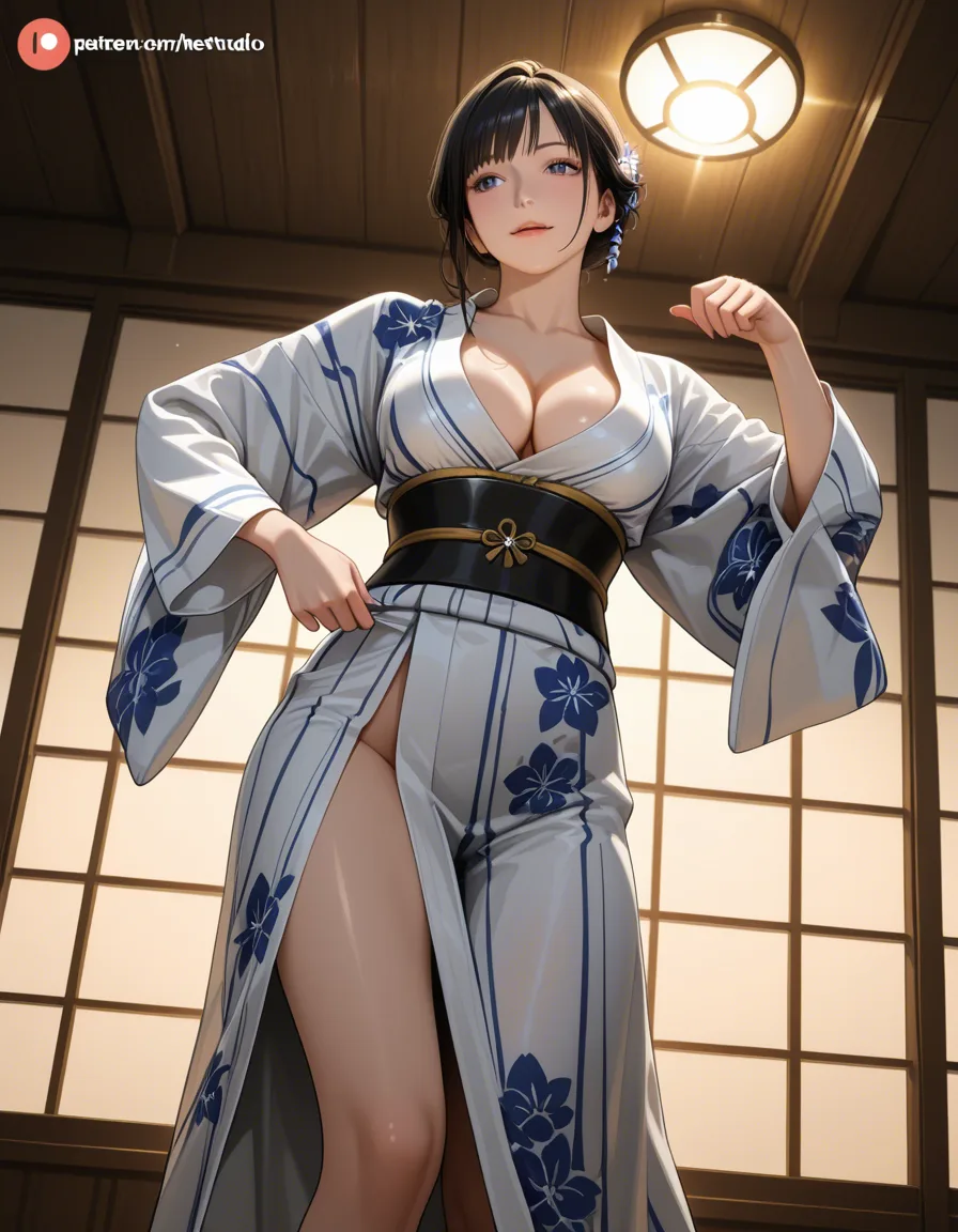 best quality, hyperrealistic, solo focus, cleavage, japanese clothes, dancing, stripping, night, low angle, window light, studio photo, hentai_studio_quality