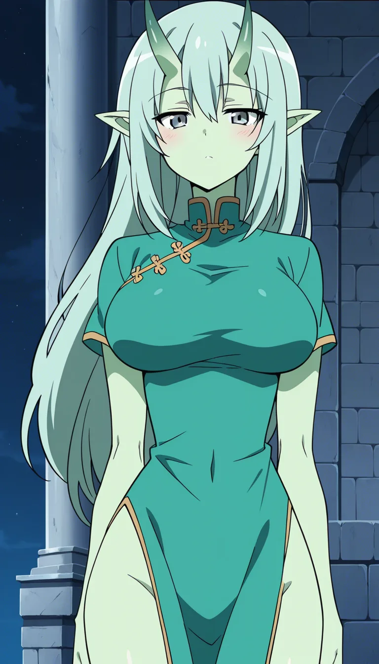 A beautiful girl, cute face, mint green skin, oni, skinny, huge boobs, long magenta hair, grey eyes, magenta cheongsam, in a castle.
Take off her kimono clothes.