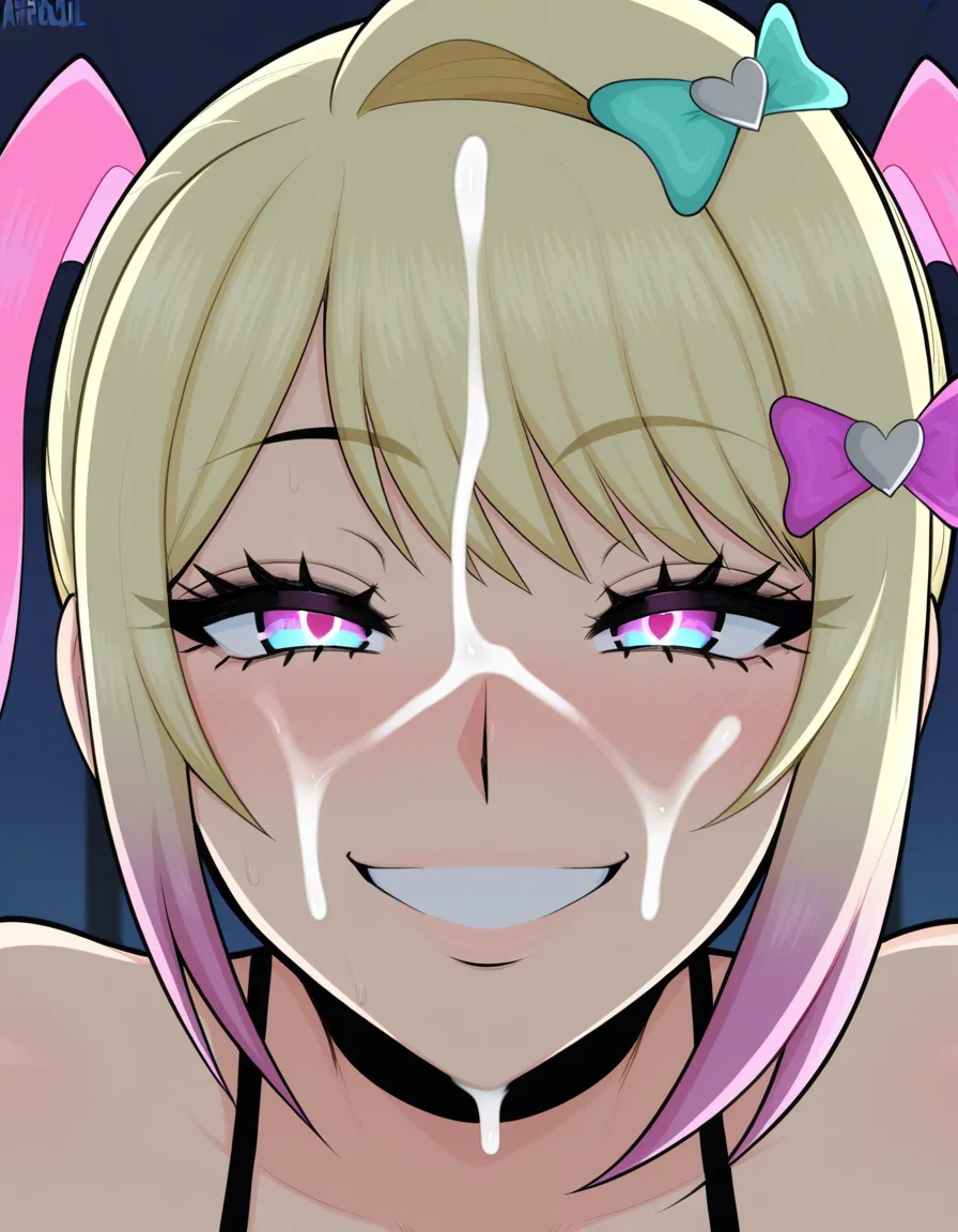 @chouzetsusaikawa_tenshi-chan, 1girl, smile, afrobull_artstyle, blush, pov, cum, facial, naughty_face, (anime style:1.3), 2d, anime screencap, cel shading, flat color, @00osamio00