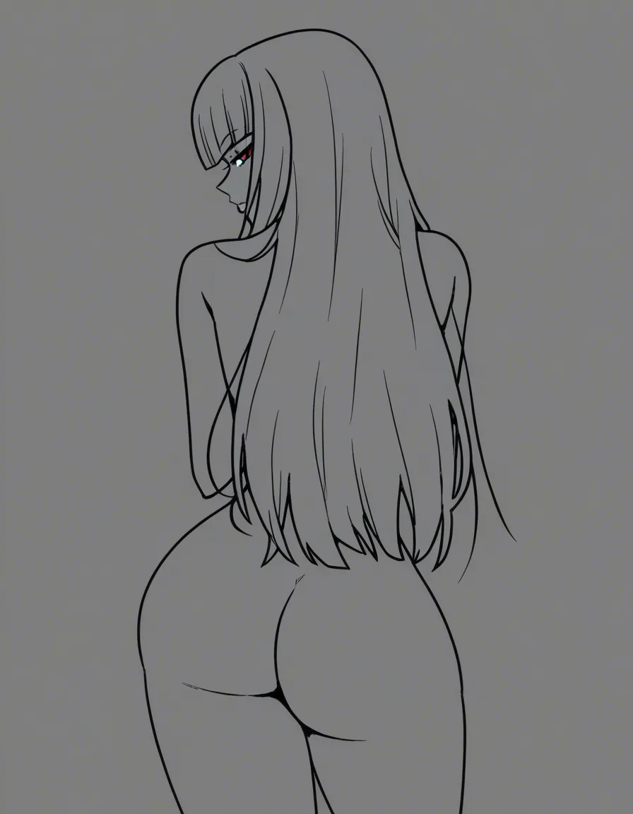 @celestia_ludenberg, akairiot_artstyle, hair_down, from_behind, naughty_face, ass, standing, 1girl, solo, (anime style:1.3), 2d, anime screencap, cel shading, flat color, @00osamio00
