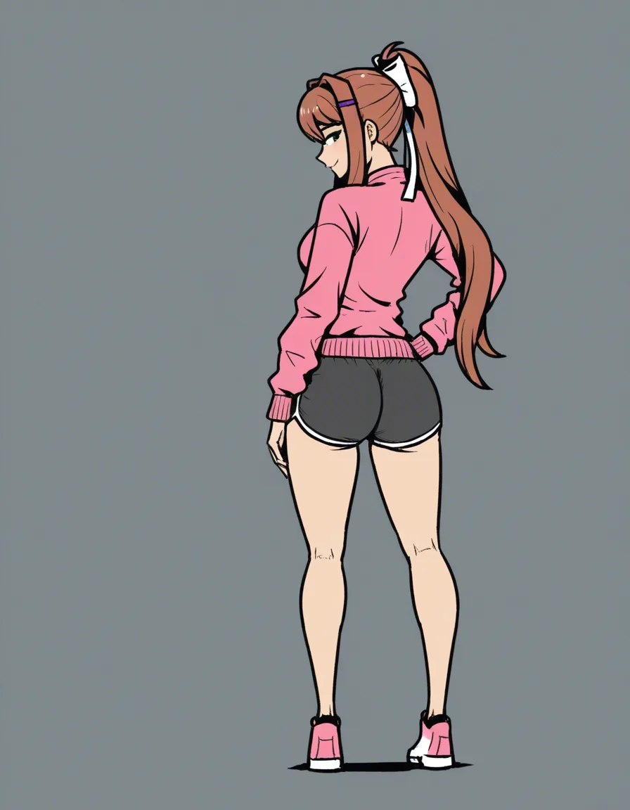 @monika_(doki_doki_literature_club), akairiot_artstyle, naughty_face, ass, dolphin_shorts, from_behind, standing, 1girl, solo, full_body, (anime style:1.3), 2d, anime screencap, cel shading, flat color, @00osamio00