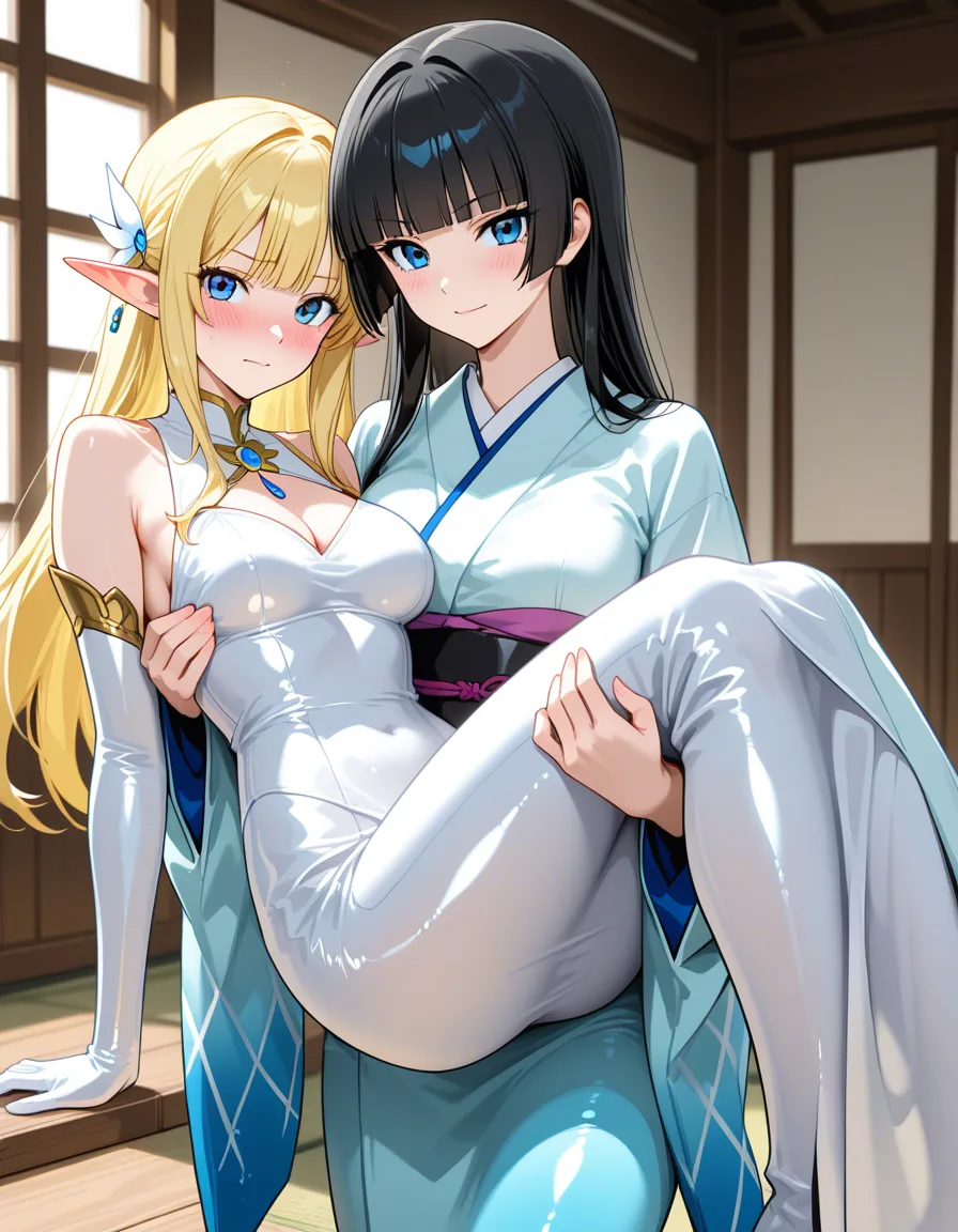 femdom, latex, looking_at_viewer, princess_carry, hime_cut, kimono, elf, blue_eyes, white_dress, magical_girl, blush,, hentai_studio_quality