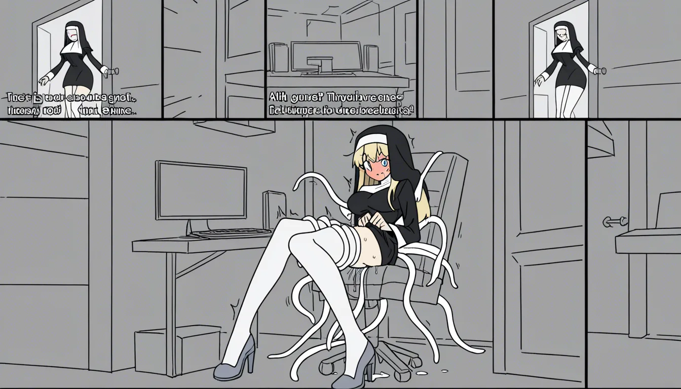 hentai, uncensored, explicit, 1girl, blonde nun Celia, short open white nun habit, white mini skirt, white stockings, high heels, panties pushed aside, sitting at computer desk, 4-second video, smooth animation,
she is already urgently typing and clicking, focused on the screen, actively trying to open the door through the computer, concentrated expression with growing blush,
mimic chair tentacles fucking her hard under the desk, thick tentacle thrusting deep in and out of her pussy, another rubbing her clit intensely, tentacles squeezing and moving around her thighs, fluids dripping,
her body rocking with the thrusts, hips twitching, hands keep typing non-stop, sweat and blush increasing, biting lip while forcing herself to continue opening the door,
gothic room, high detail, digital anime style, continuous motion, NSFW, detailed face and expressions