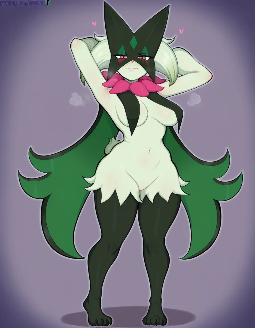 afrobull_artstyle, @meowscarada, 1girl, solo, naughty_face, full_body, standing, arms_behind_head, looking_at_viewer, eye_contact, hentai_studio_quality