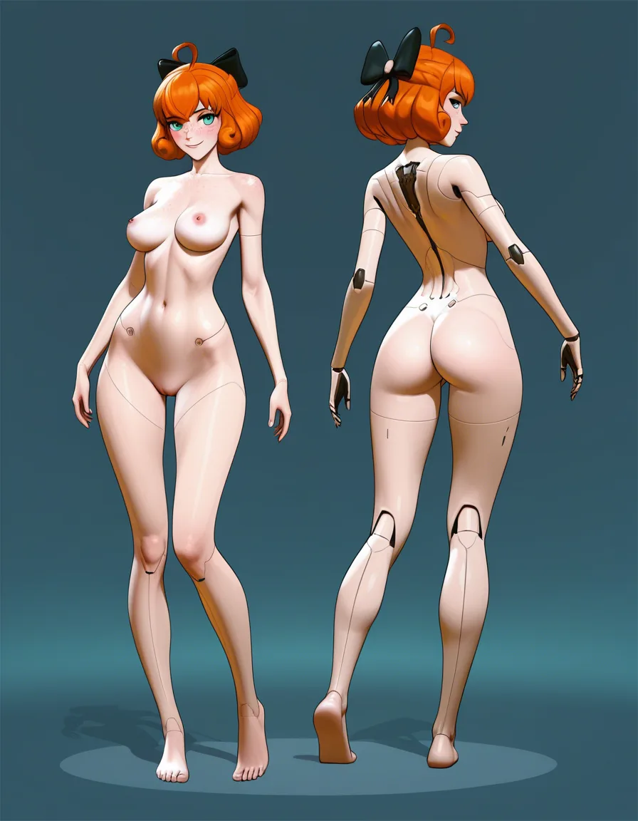 tarakanovich_artstyle, @penny_polendina, rwby, 1girl, solo, android, aged_up, orange_hair, long_hair, ahoge, aqua_eyes, freckles, hair_bow, black_bow, nude, medium_breasts, ass, smile, full_body, standing, looking_back, looking_at_viewer, from_behind, hentai_studio_quality