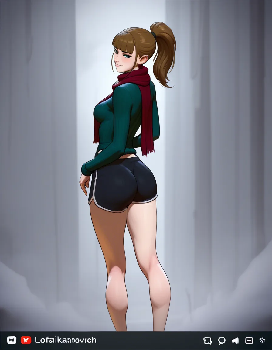 tarakanovich_artstyle, @lofi_girl_(youtube), 1girl, solo, aged_up, brown_hair, blunt_bangs, ponytail, red_scarf, turtleneck_sweater, green_sweater, dolphin_shorts, black_shorts, medium_breasts, ass, naughty_face, full_body, standing, looking_back, looking_at_viewer, from_behind, hentai_studio_quality