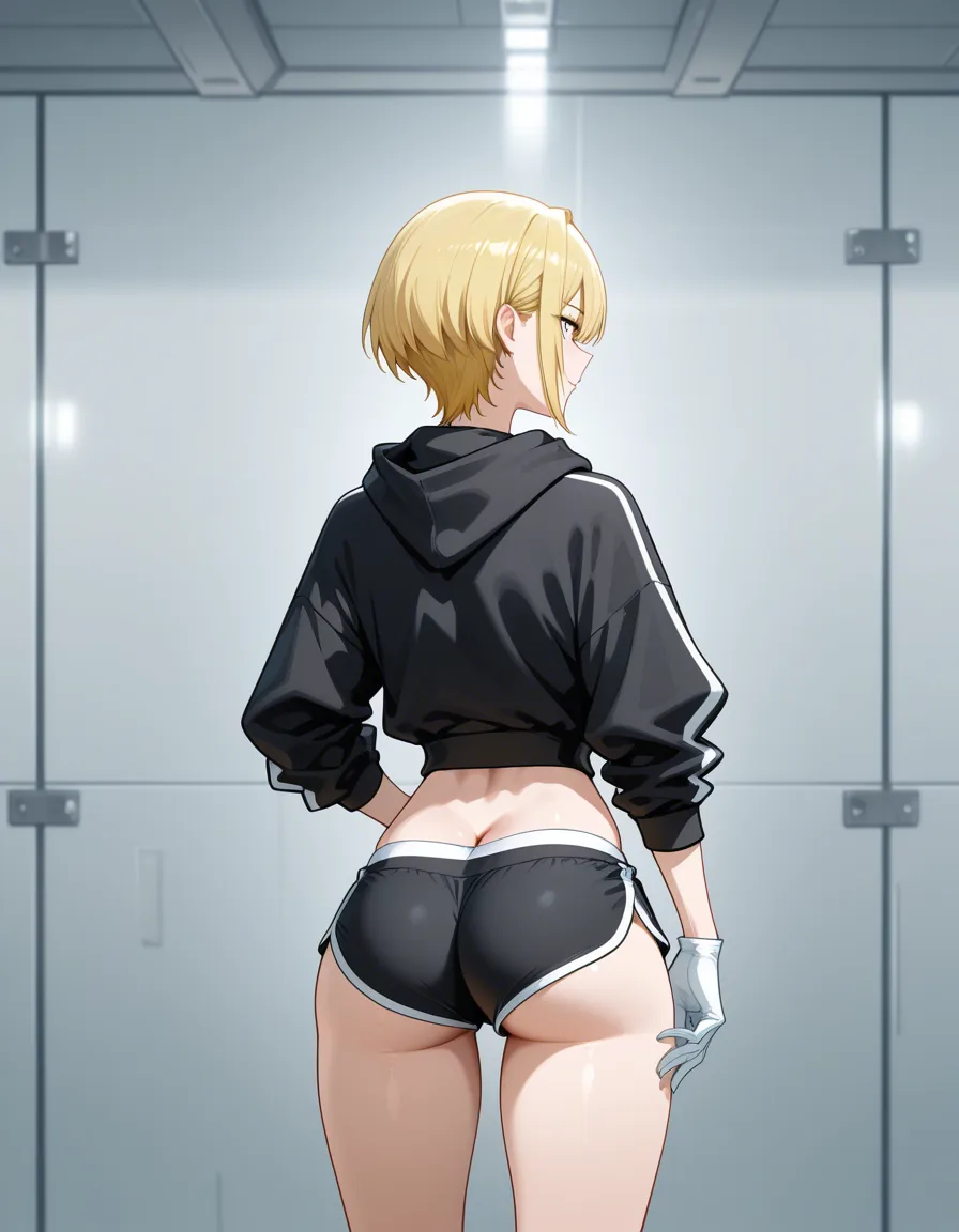 Large_ass, medical_gloves, blonde_hair, short_hair, dolphin_shorts, black_hoodie, butt_crack, hentai_studio_quality