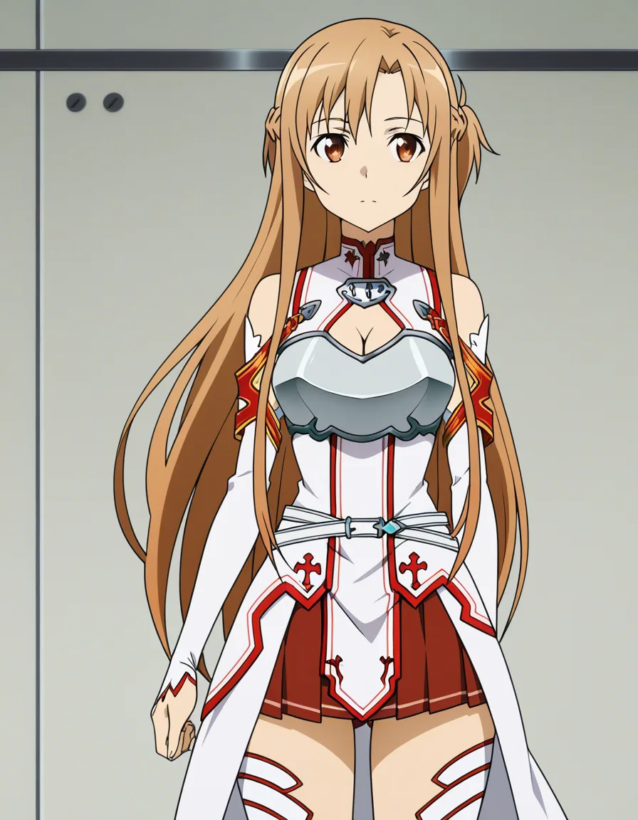 @asuna_(sao) cleavage_cutout thighs arched_back in action from_side ass_visible_through_thighs, (anime style:1.3), 2d, anime screencap, cel shading, flat color