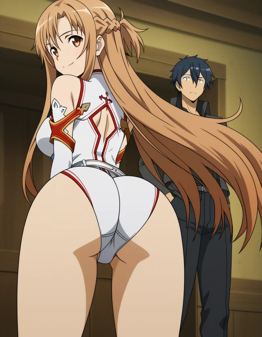 @asuna_(sao) cleavage_cutout thighs arched_back in action from_behind ass_visible_through_thighs Cuckolding teasing stranger while boyfriend watches, (anime style:1.3), 2d, anime screencap, cel shading, flat color