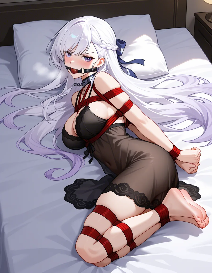 1girl @belfast_(azur_lane) black_nightgown bedroom on_stomach annoyed bondage shibari hogtied gag drooling /ultra_detailed /masterpiece, hentai_studio_quality