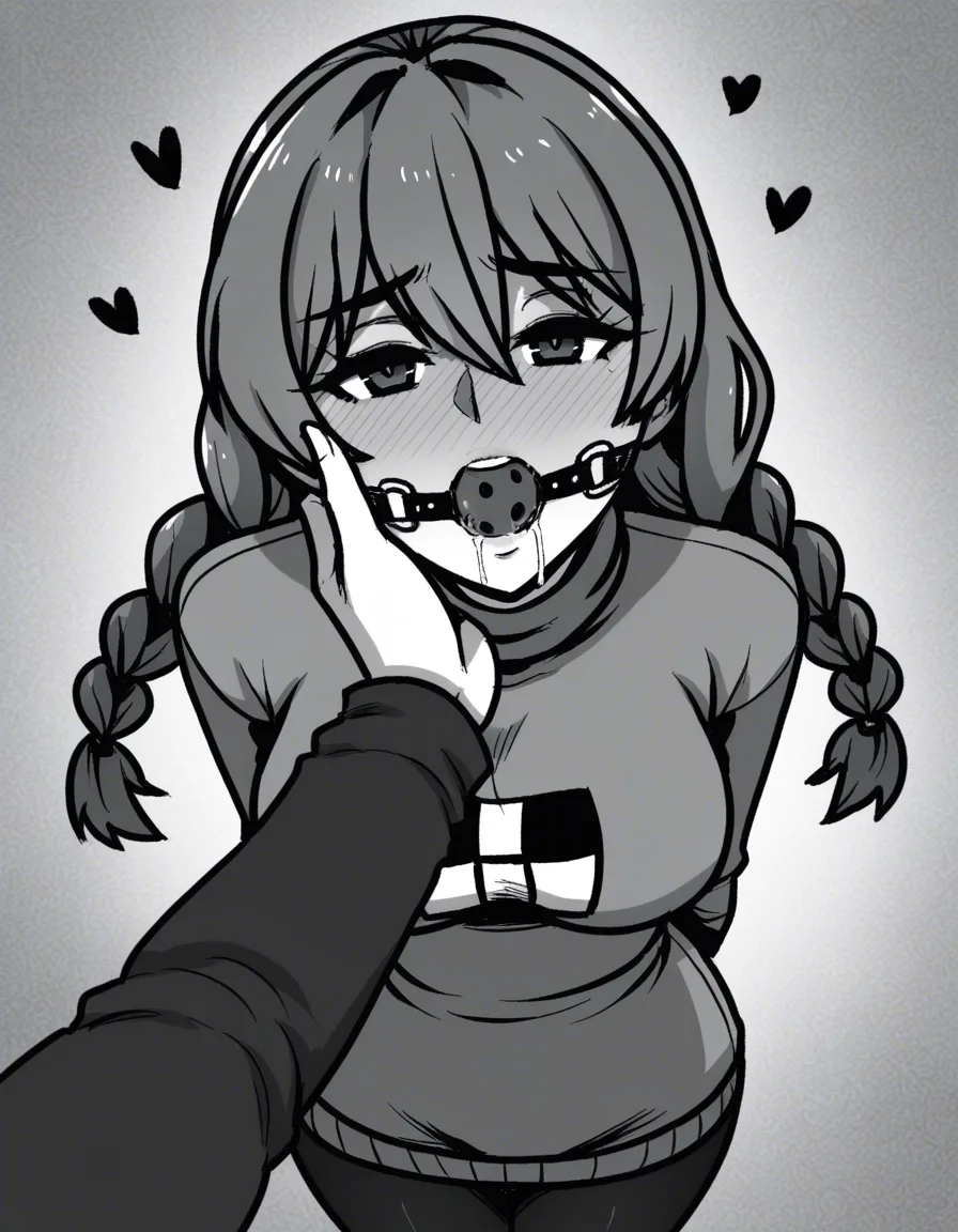 /masterpiece, /ultra_detailed, #akairiot_artstyle, @madotsuki, yume_nikki, 1girl, aged_up, medium_breasts, twin_braids, sweater, full-face_blush, ball_gag, saliva, drooling, arms_behind_back, looking_at_viewer, hand_on_another's_face, pov_hands, hentai_studio_quality