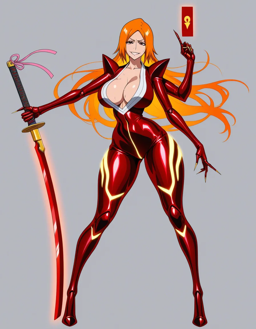 Masterpiece, best quality, ultra-detailed 8K anime illustration of Orihime Inoue from Bleach, 22-year-old stunningly beautiful girl, long flowing bright orange hair with large pink ribbons tied in loose waves, sparkling expressive brown eyes with long lashes, seductive sweet smile showing perfect teeth, flawless glowing skin, extremely curvy sexy body with very large breasts, slim waist, wide hips, thick thighs.
She is standing in a seductive full-body pose, wearing a completely open white school uniform blouse that is almost falling off, both shoulders and large breasts fully exposed, no bra, deep cleavage, the blouse hanging loosely on her arms, her hands in an unusual powerful grip: one hand raised high with fingers spread wide, thumb and index finger forming a large open red Chinese-style padlock symbol (the padlock is open and visible as a big red metal object in her grip), the other hand holding a small glowing pink Shun Shun Rikka sword, fingers in an exaggerated sexy pose with detailed nails.
Bright pink cherry blossom petals flying everywhere around her, dynamic motion, cinematic lighting, soft volumetric light rays, highly detailed skin texture, glossy highlights on sweat and skin, perfect anatomy, no extra fingers, no deformed hands, no extra limbs, no text, no watermark, no box, no milk, no packaging, pure full-body character illustration, white clean background, extremely seductive and erotic atmosphere, ultra-realistic anime style, masterpiece, best quality, 8K resolution, intricate details, vibrant colors, perfect proportions., (anime style:1.3), 2d, anime screencap, cel shading, flat color