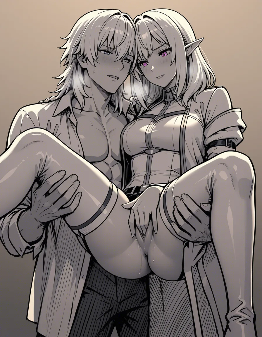 ultra HD, lifelike, 1boy, pointy ears, shirt, fully thighhighs, ultra HD, lifelike, 2boys, medium hair, open clothes, presenting, @makise_kurisu, femdom, female_masturbation, princess_carry, elf, hentai_studio_quality