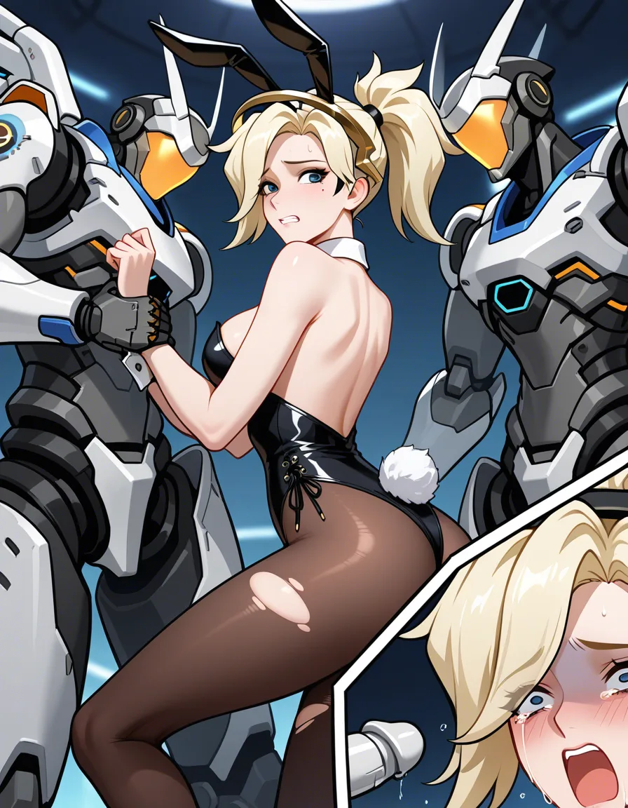 masterpiece , overwatch , mercy , playboy_bunny , torn_clothes , scared , crying , robots , group_sex , factoy , hentai_studio_quality, hentai_studio_quality