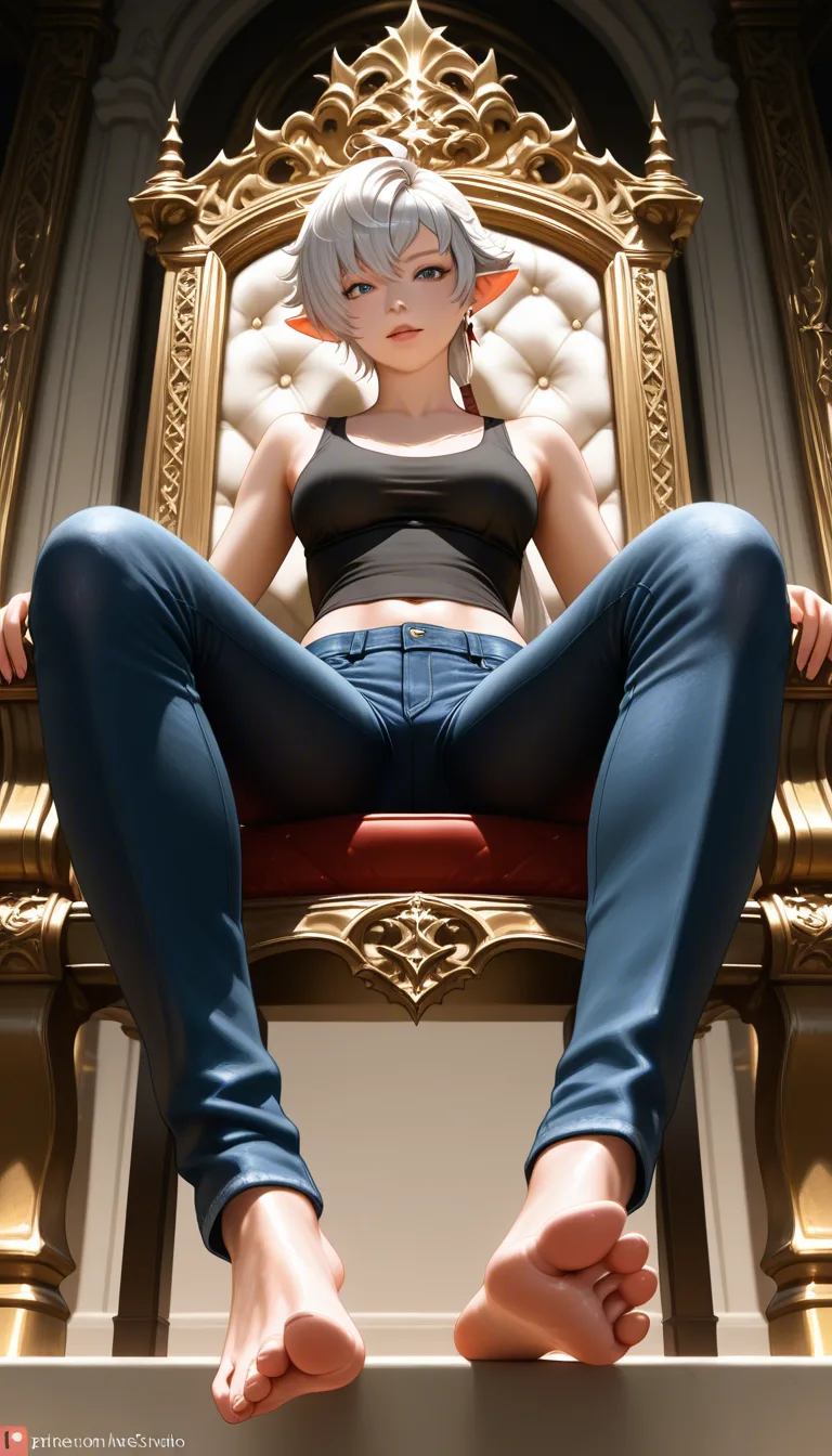 Studio quality, sharp focus , from_below foot_focus , sitting on a Throne @alisaie_leveilleur_(final_fantasy_xiv) black_tank_top tight_jeans , barefoot soles , spread_legs , looking_at_viewer no_squint , photorealistic, score_9, score_8, candid photo , realistic skin texture, hentai_studio_quality