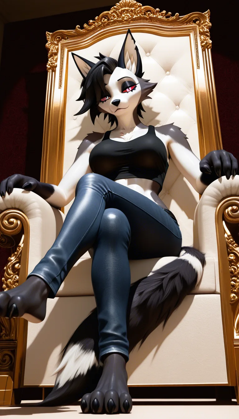 Studio quality, sharp focus , from_below foot_focus , sitting on a Throne @loona_(helluva_boss) furry_female body_fur tail paws black_tank_top tight_jeans , crossed_legs , looking_at_viewer , photorealistic, score_9, score_8, candid photo , realistic skin texture, score_9, score_8, 3d render, octane render, subsurface scattering, ray tracing, smooth shading