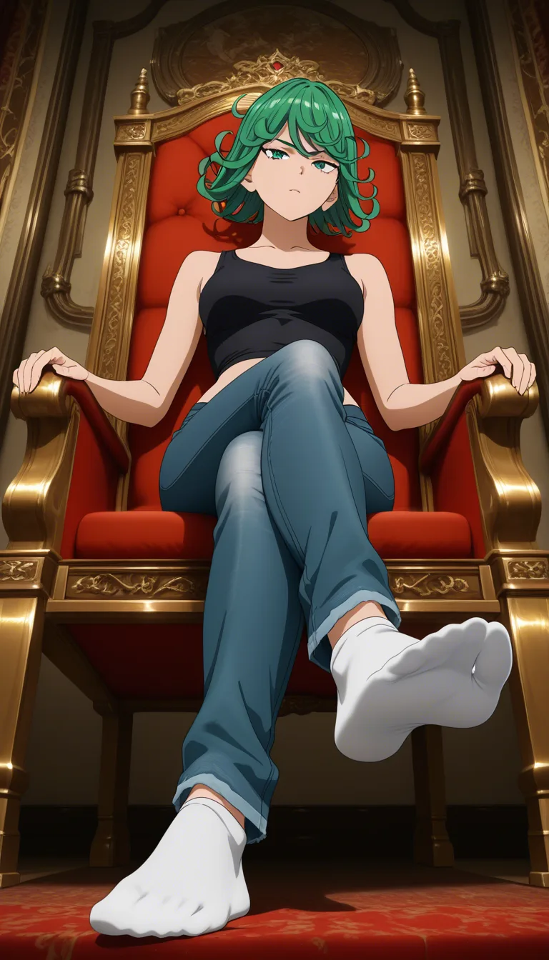 Studio quality, sharp focus , from_below foot_focus , sitting on a Throne @tatsumaki black_tank_top tight_jeans socks soles , crossed_legs , looking_at_viewer , photorealistic, score_9, score_8, candid photo , realistic skin texture, (anime style:1.3), 2d, anime screencap, cel shading, flat color