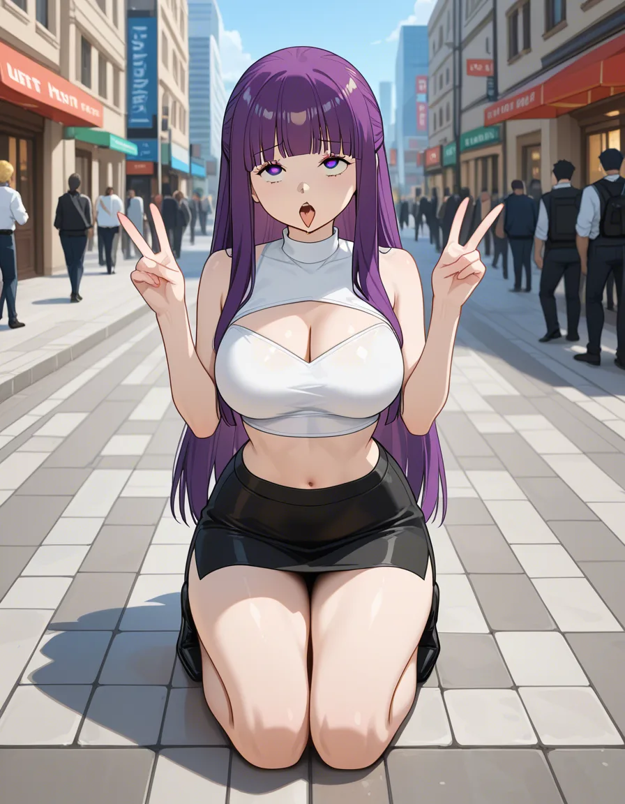 /best_quality /ultra_detailed /highres @fern_(sousou_no_frieren) #skirt #crop_top #contemporary #outdoors #kneeling #city #ahegao #double_v #public_indecency #revealing_clothes, hentai_studio_quality