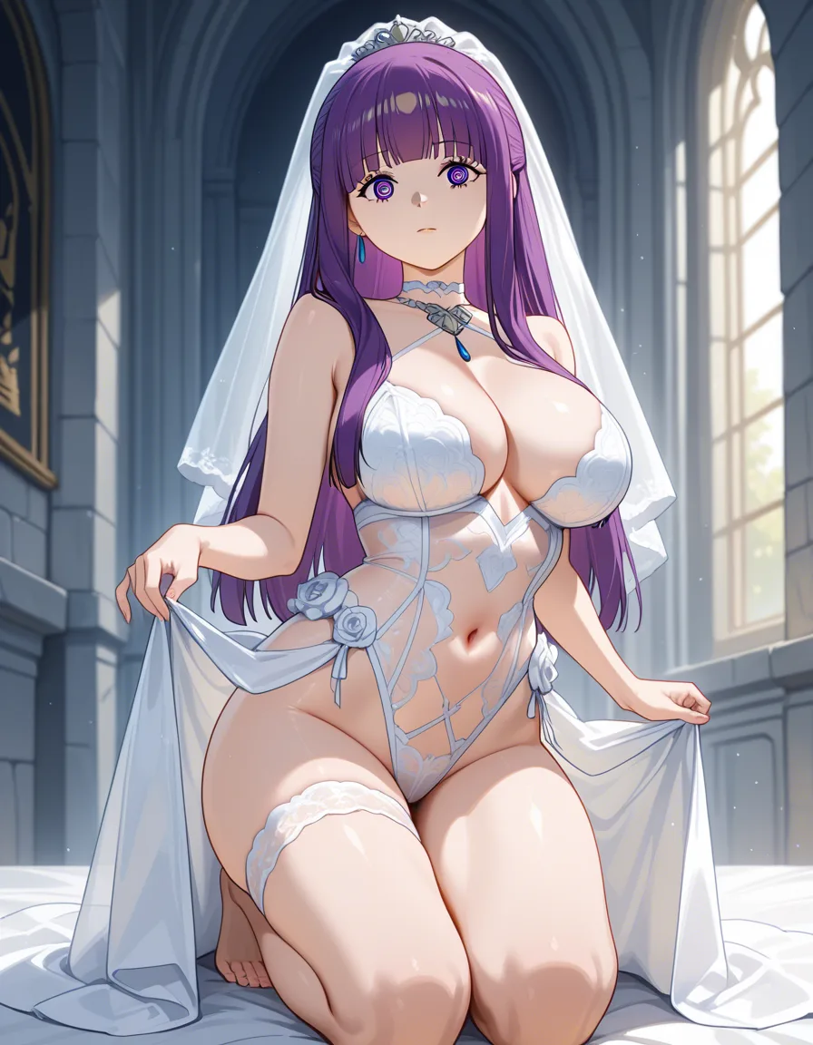 /best_quality /ultra_detailed /highres @fern_(sousou_no_frieren) #wedding_dress #bridal_veil #bridal_garter #revealing_clothes #lingerie #lipstick #makeup #kneeling #@_@, hentai_studio_quality