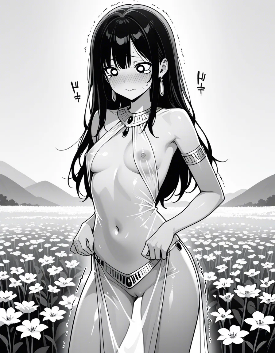 shy girl, manga style (black and white), long hair, tear on her eyes, blushing cheek, very sexy transparent dress with jewelry (arabian style), nipple and vagina exposed, she is taking out her dress very shy and trembling, she is standing outside on a flower field, she has normal tits (not too small, not too big), hentai_studio_quality
