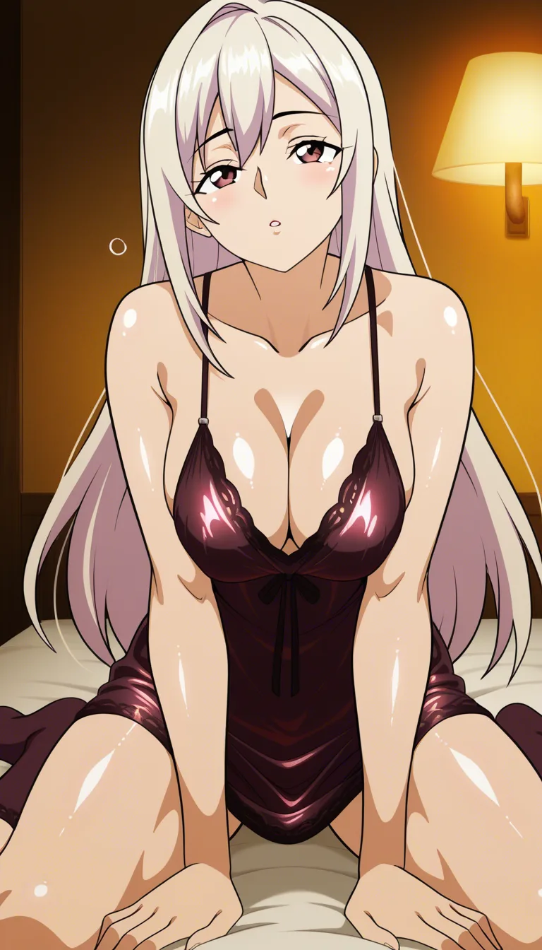 best quality, polished, solo female, socks, on all fours, smoldering look, eroge aestheticAdult Nami, voluptuous natural body, generous round breasts, slightly bouncy firm ass, slim waist, soft thighs, smooth soft skin with natural subtle highlights, wearing a very sexy short satin nightgown pajama with thin straps, the shiny fluid satin fabric clinging tightly and smoothly to her body, forming soft folds and bright reflections over her full breasts and hips, deep plunging neckline, the thin satin slightly sheer and revealing the softness of her skin underneath, matching short satin bottoms, she is sitting on the edge of a bed with her legs slightly spread, one hand resting on the mattress, the other on her thigh, torso leaning slightly forward, playful sleepy-seductive expression,
sitting on the edge of the bed, legs slightly spread, leaning forward,
the camera angle is a slight low front view looking up at her body, emphasizing the soft weight of her breasts under the shiny satin, the way the fabric clings and reflects light, and the curve of her hips and thighs, highly detailed skin and fabric texture, soft warm bedside lighting that makes the satin glow, intimate bedroom atmosphere, sharp focus on body and satin details, aspect ratio 3:4, @nami_(one_piece), (anime style:1.3), 2d, anime screencap, cel shading, flat color, @00osamio00