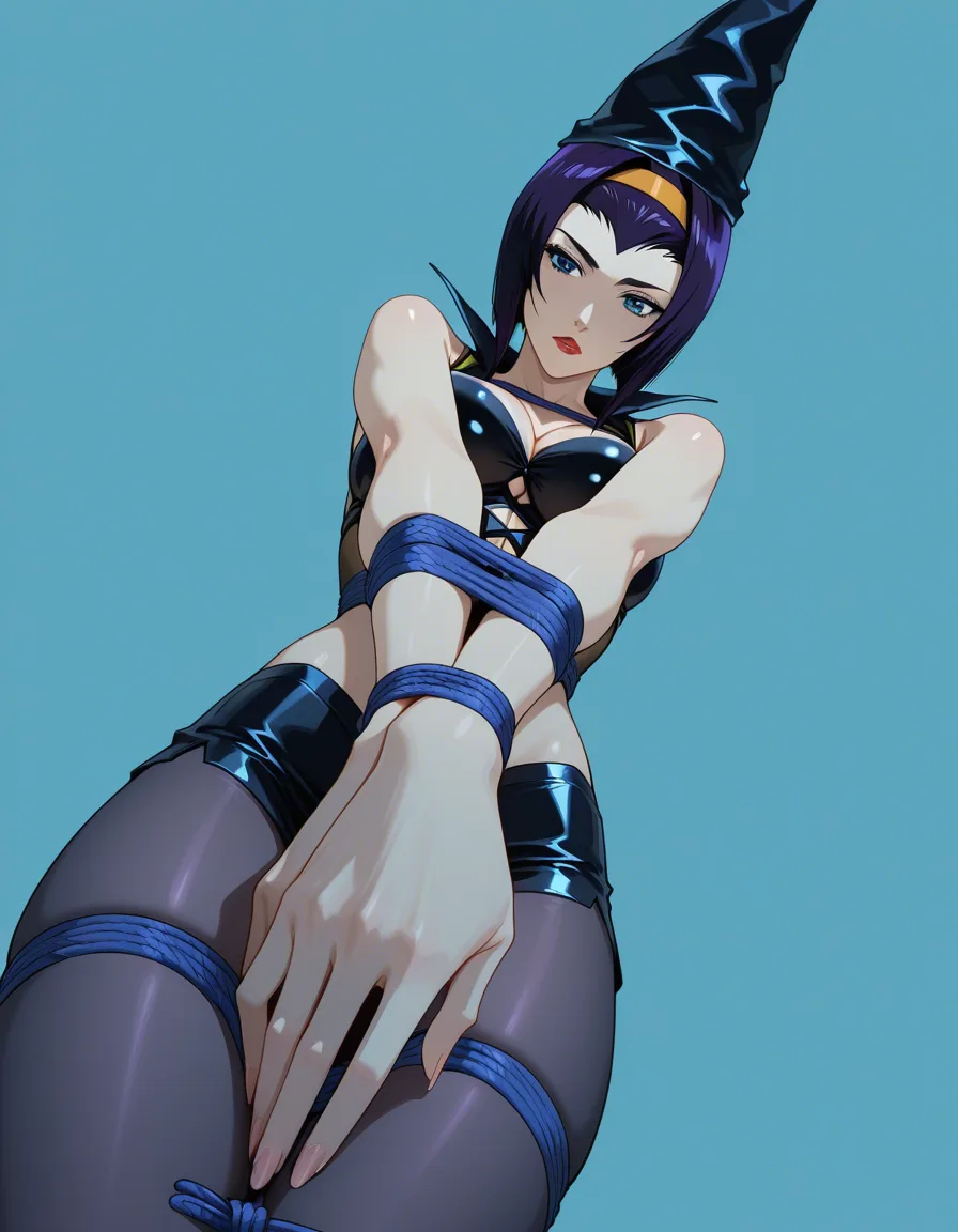 Faye Valentine, studio quality, sharp focus, witch, fingernails, sleeveless, bondage, blue background, low angle, studio photo, hentai_studio_quality
