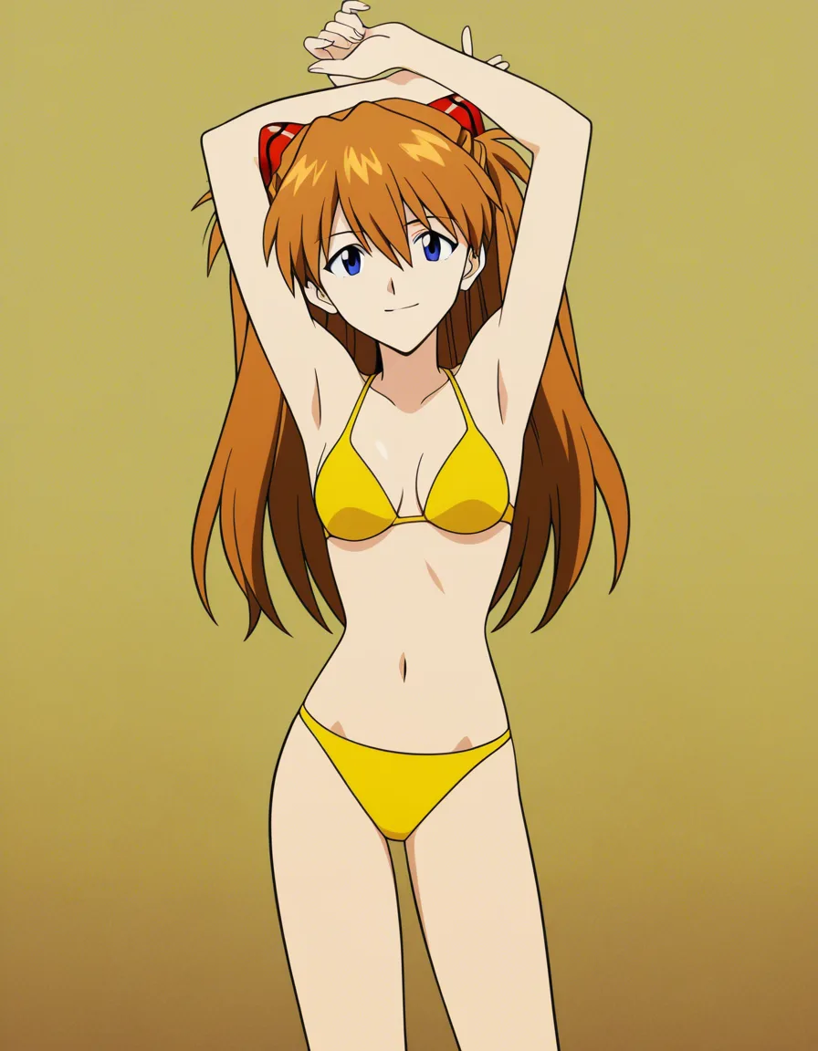 @souryuu_asuka_langley, yellow_bikini, smile, standing, arms_up, BREAK, beach, (anime style:1.3), 2d, anime screencap, cel shading, flat color