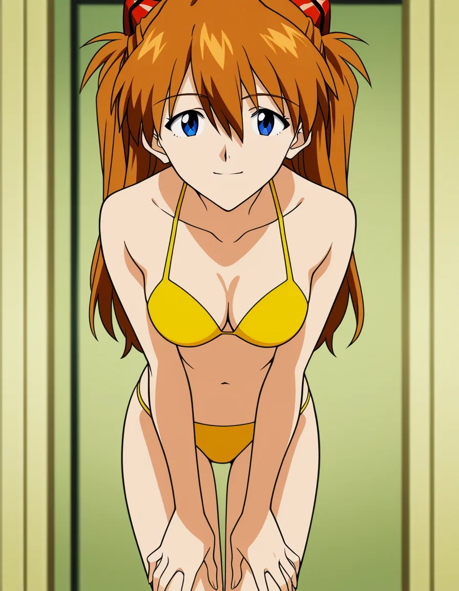 @souryuu_asuka_langley, yellow_bikini, smile, leaning_forward, from_behind, (anime style:1.3), 2d, anime screencap, cel shading, flat color