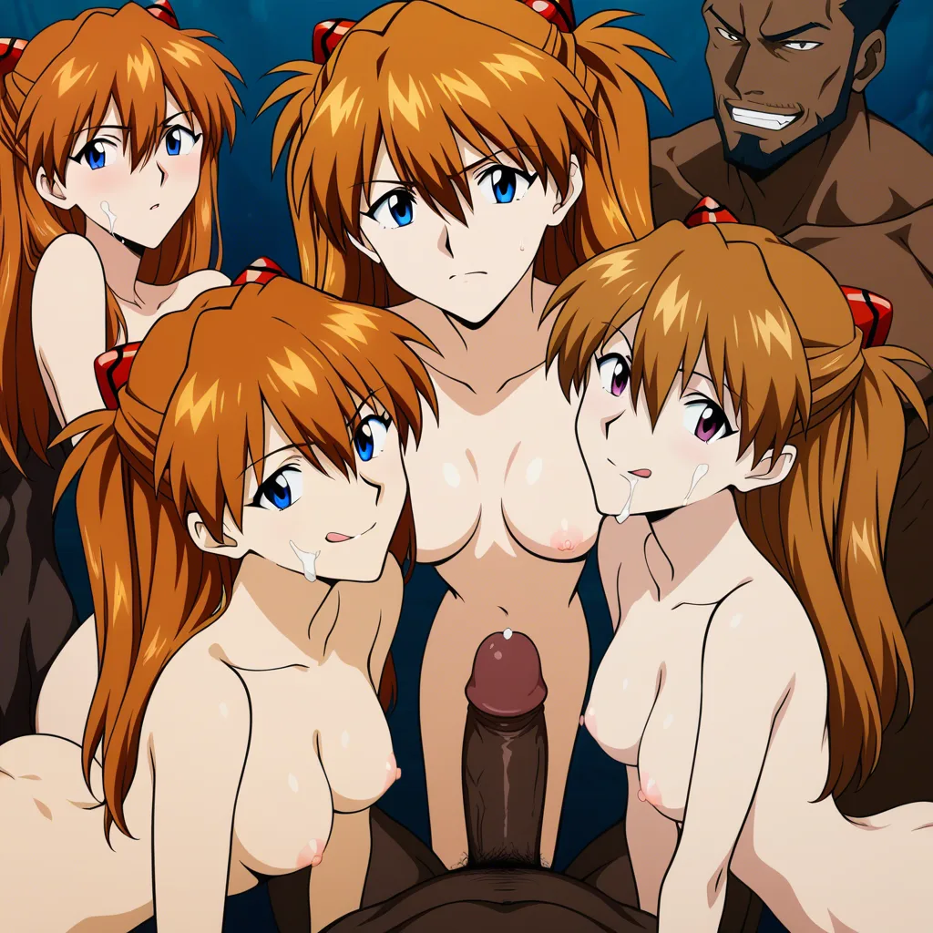 @souryuu_asuka_langley, completely_nude, interracial, group_sex, facial, licking_lips, (anime style:1.3), 2d, anime screencap, cel shading, flat color