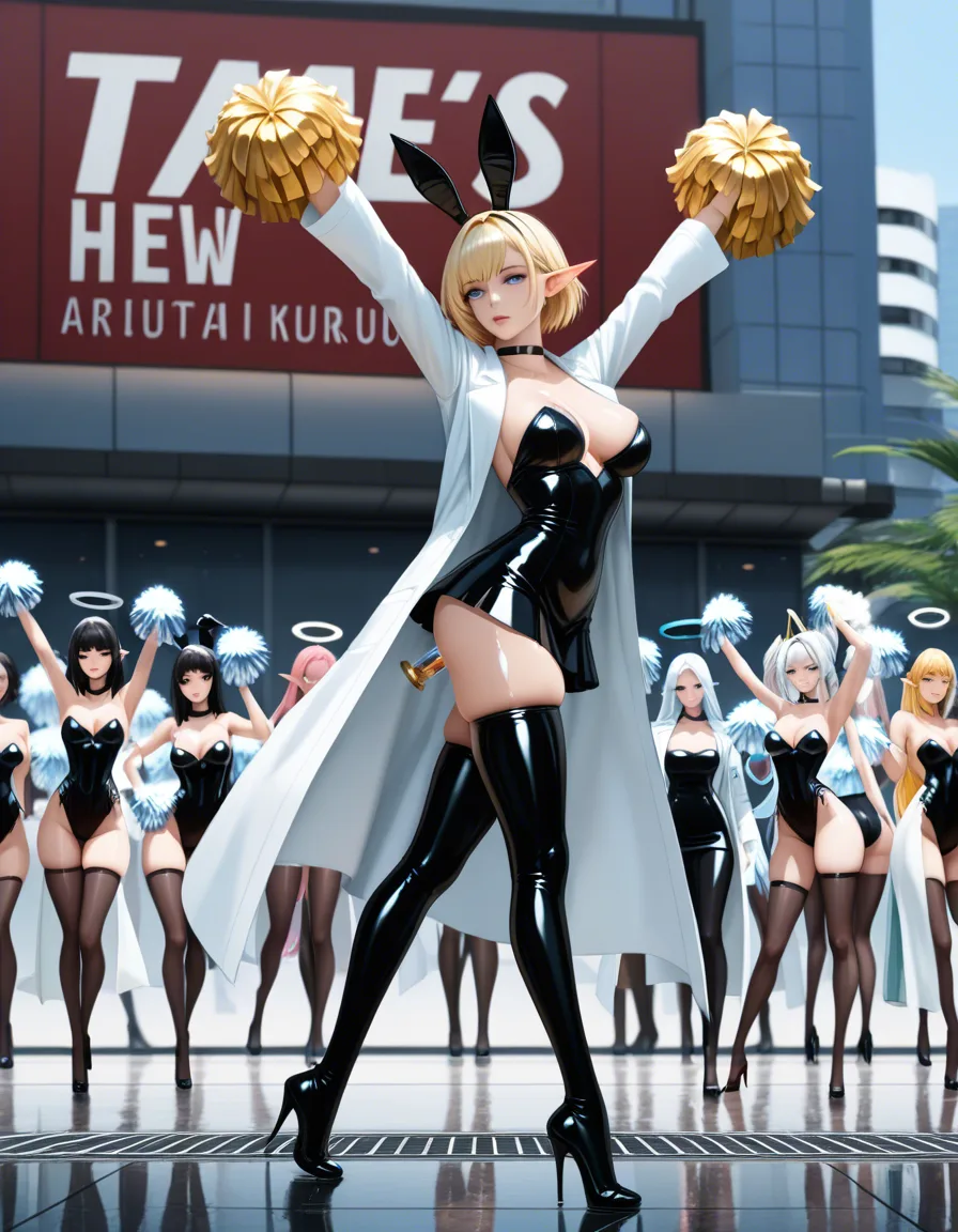 shiny skindentation, RAW photo, ultra realistic, princess, elf, pointy_ears, pom_pom_(cheerleading), hourglass figure, water, cinematic realistic, full_body, @makise_kurisu, science_fiction, lab_coat, black_dress, thighhighs, choker, black_footwear, long_skirt, short_hair, holding_phone, military, lab_coat, time_machine, mechanical_halo, anal_object_insertion, latex, playboy_bunny, #6+girls, #6+boys, outdoors, dancing, hentai_studio_quality