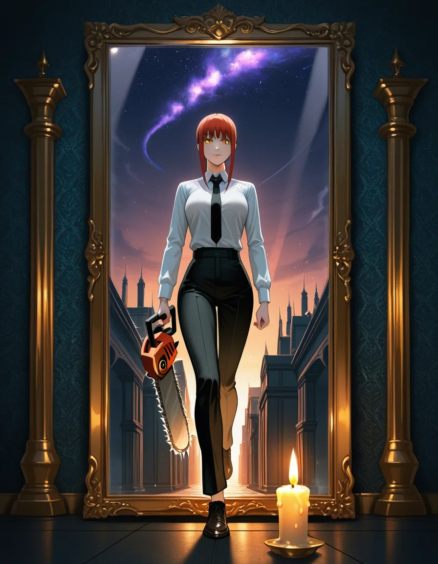 8k, candle, mirror, neon, dream, bdsm, walking, @makise_kurisu, @makima_(chainsaw_man), hentai_studio_quality