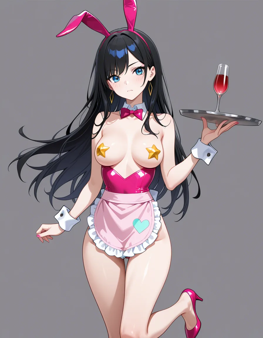 Masterpiece, best quality, vivid, 1girl, solo, petite, medium_breasts, star shaped pasties, pink waist_apron, playboy_bunny ears, high_heels, bare_legs, holding_tray, hentai_studio_quality