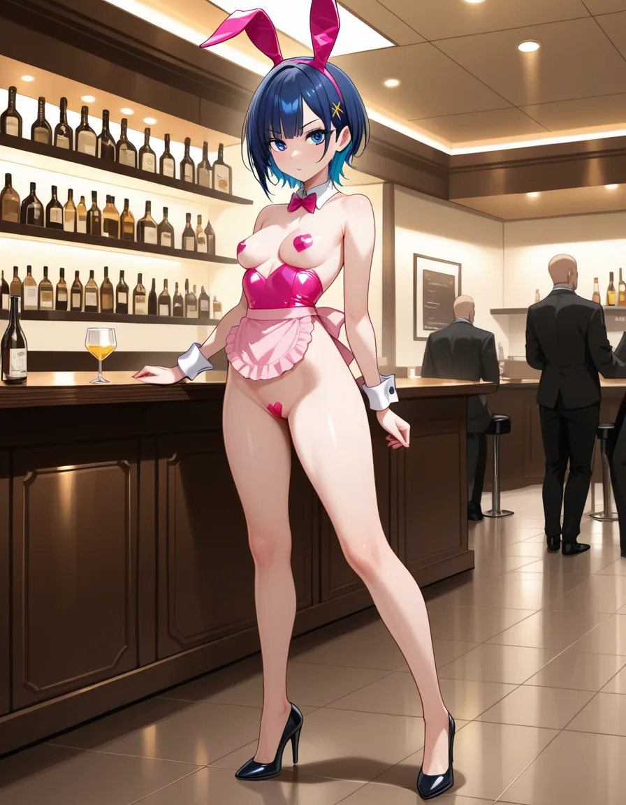 Masterpiece, best quality, vivid, 1girl, solo_focus, petite, medium_breasts, dark blue hair, short_hair, detached_collar, small pink star shaped pasties, pink waist_apron, playboy_bunny ears, functionally nude, bottomless, high_heels, waitress
BREAK
Night club, indoors, multiple_others, hentai_studio_quality