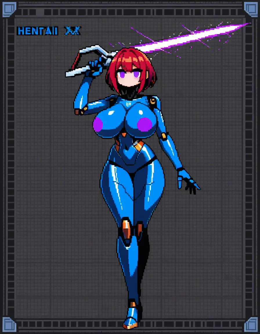 robot girl, screen face, big X as eyes, square head, big body, naked, big breast, pixel art, holding_sword on one hand, holding_laser_gun on another hand, blue_body, purple_eyes, red_hair, standing,, hentai_studio_quality
