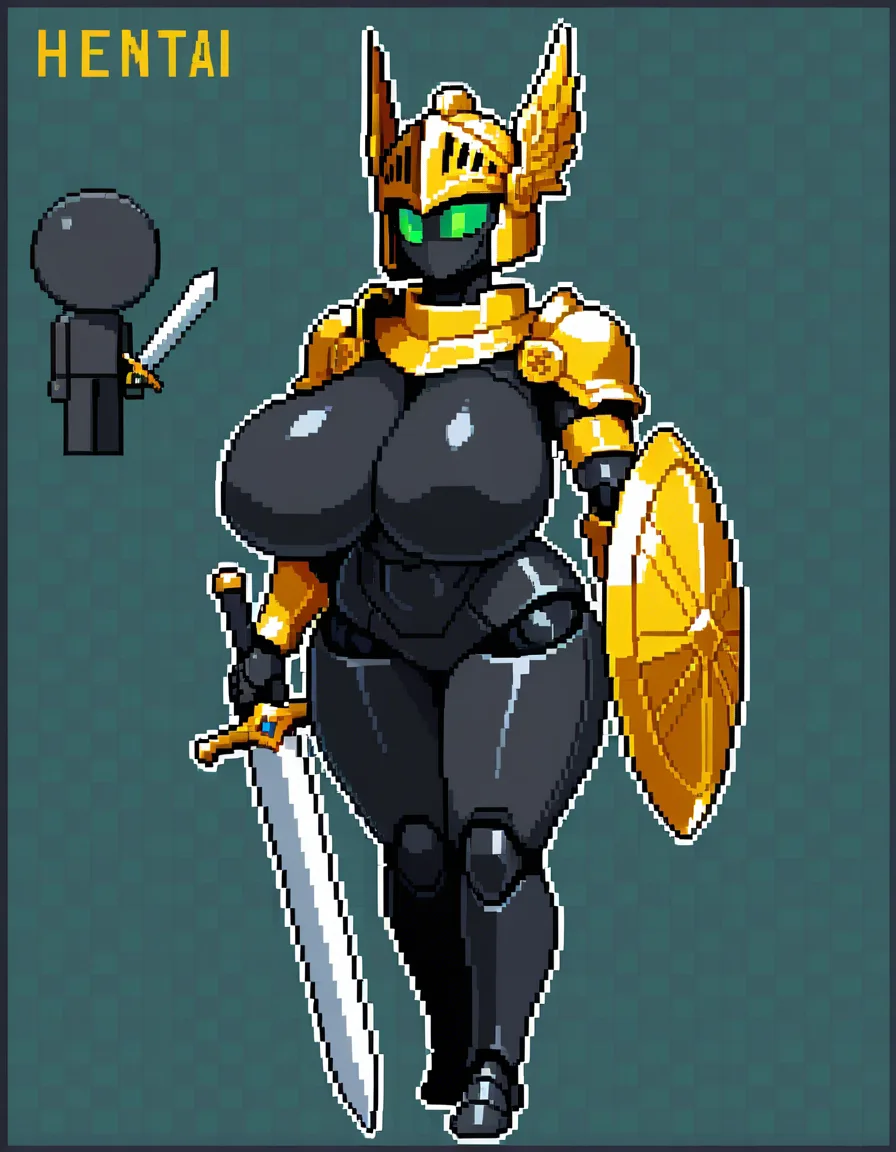 robot girl, screen face, round head, big body, naked, big breast, pixel art, holding_sword on one hand, black_body, green_eyes, knight_helmet, standing, faceless, white_face, winged_helmet, holding_shield on another hand, white and yellow armor, athletic_body, hentai_studio_quality