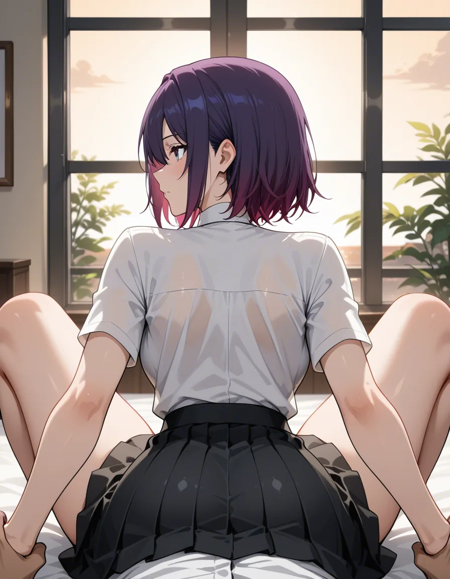 absurdres, highres, fitness model, holding hands, skirt, spread legs, window, anime style, hentai_studio_quality