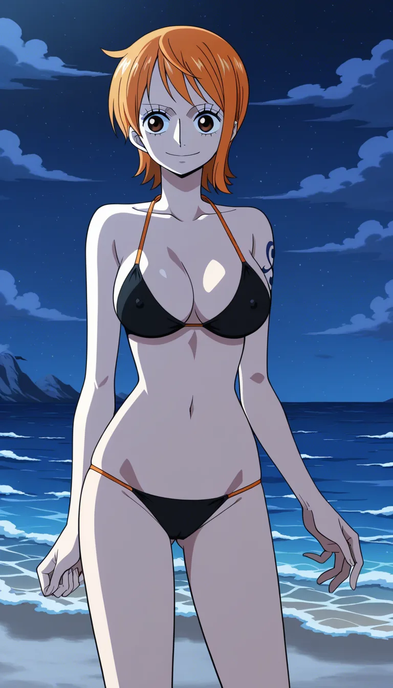 Nami from one piece wearing a skimpy bikini, long orange auburn hair, standing, at a beach at night, she smiles as she sways her hips seductively from side to side as she also unties her bikini top and bottom. Then she sucks on one of her nipples as a dick suddenly comes from in front and rails her bare pussy as her face shows shocked ecstasy as she climaxes