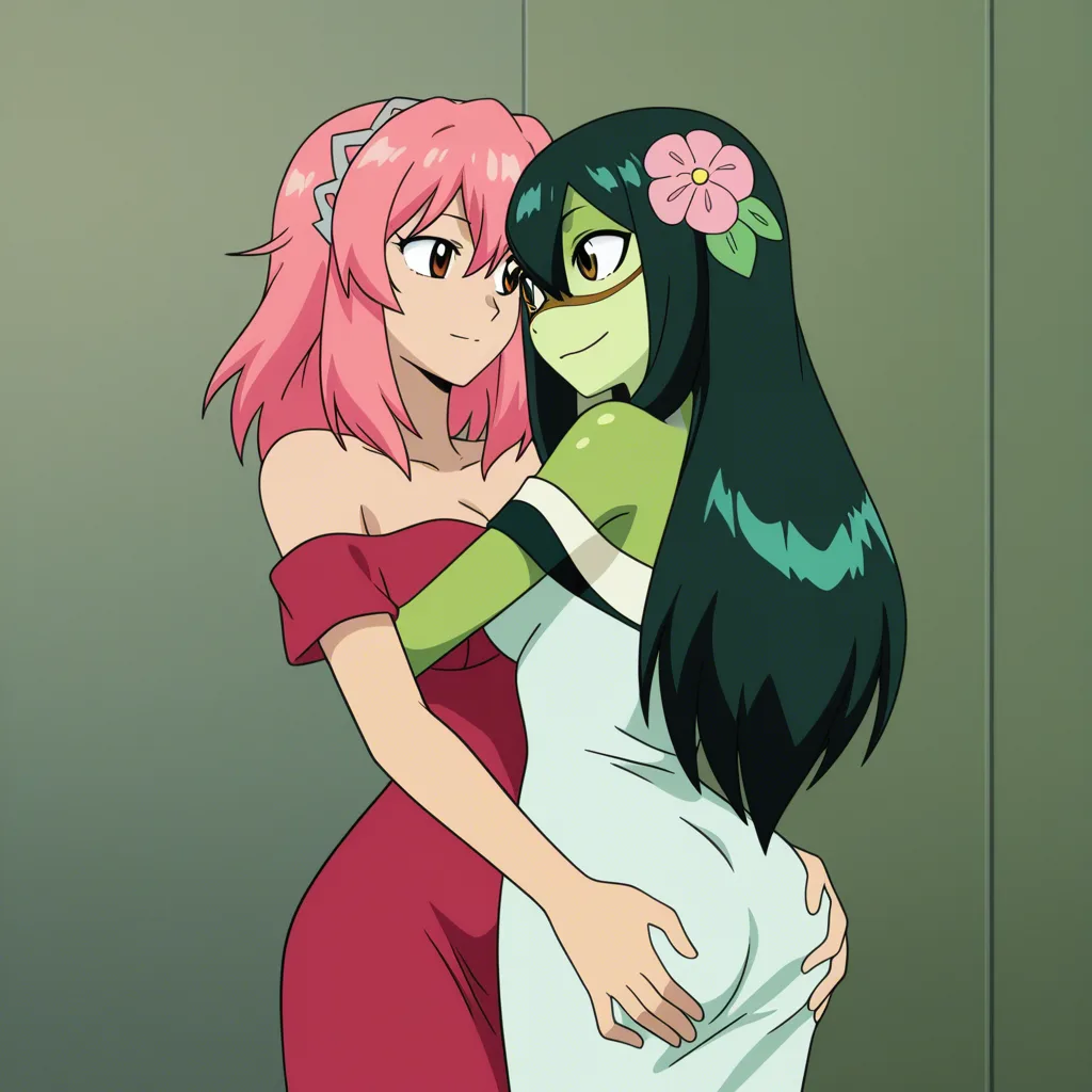 furry, frog girl, flower girl, 2girls, yuri, femdom, grabbing_another's_ass, hug, no_humans, couple, off-shoulder_dress, (anime style:1.3), 2d, anime screencap, cel shading, flat color