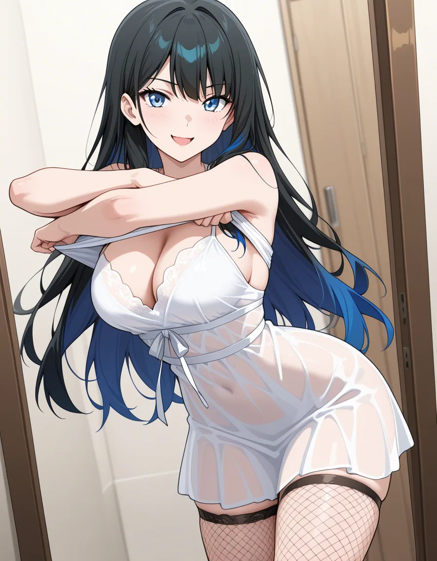 masterpiece, best quality, fishnets , undressing sundress, looking_at_viewer playful expression, vivid anime colors, hentai_studio_quality, hentai_studio_quality