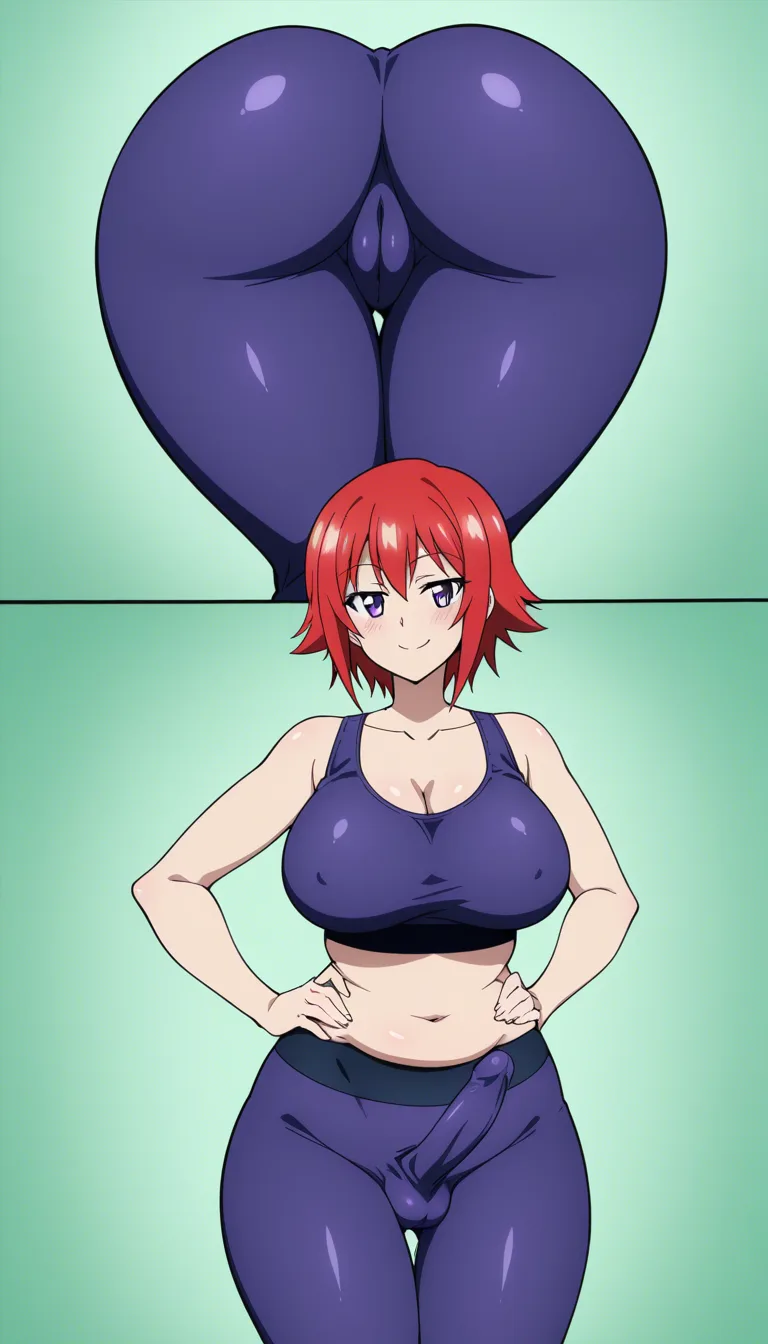 futanari, plump, red_hair, purple_eyes, large_breasts, large ass, yoga pants, seductive_smile, penis, pussy, erection_under_clothes, cameltoe. She bends over