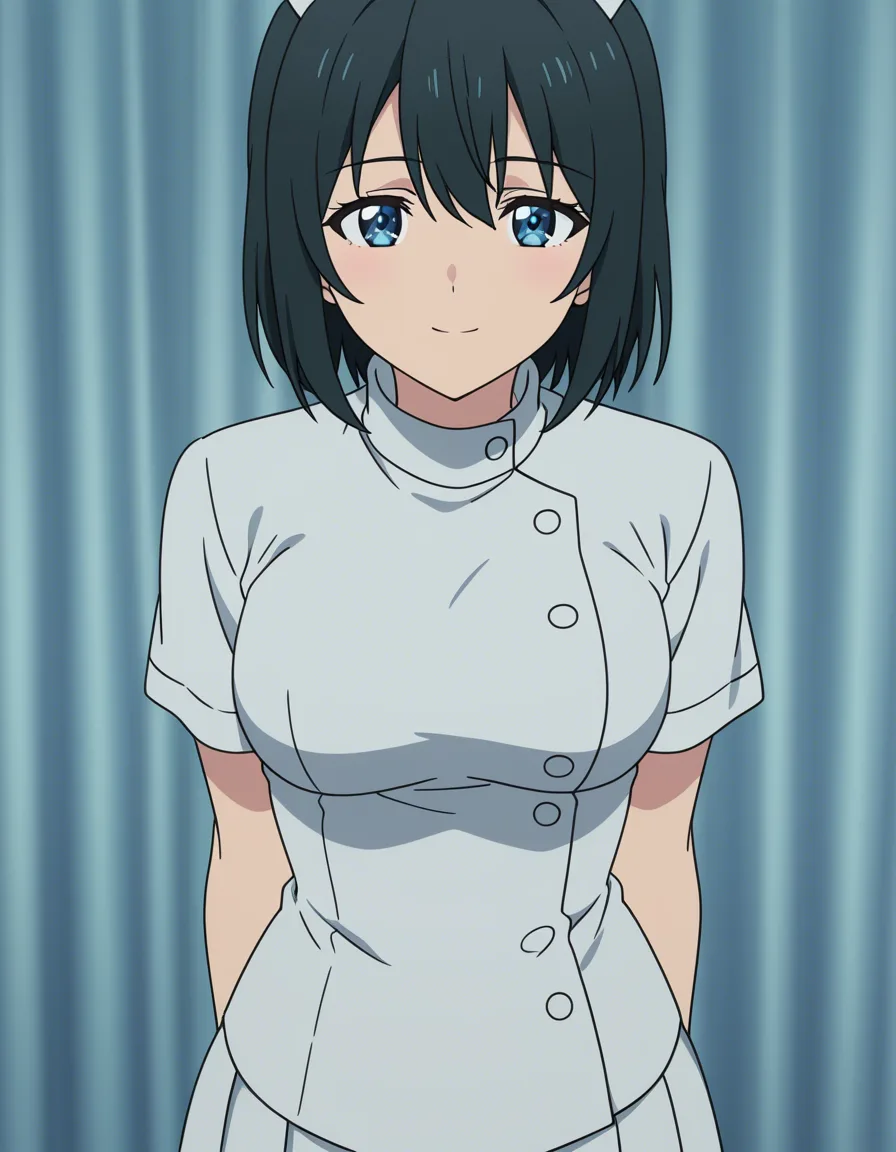 best quality, intricate details, nurse, pleated skirt, presenting, dreamy atmosphere, manga aesthetic, (anime style:1.3), 2d, anime screencap, cel shading, flat color