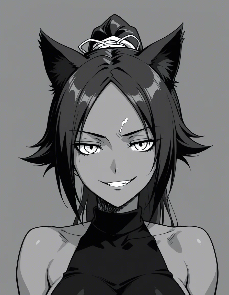 @shihouin_yoruichi, cat_ears, looking_at_viewer, facial, evil_smile, hentai_studio_quality